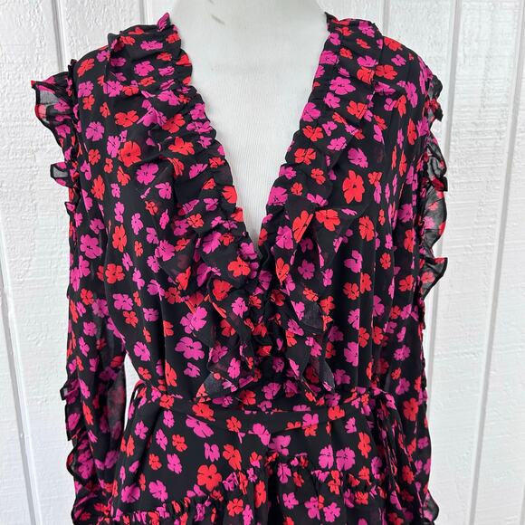 Dee Elly Floral Ruffle Mini Dress XL Long Sleeve V Neck Tiered Black Romantic - Picture 4 of 10